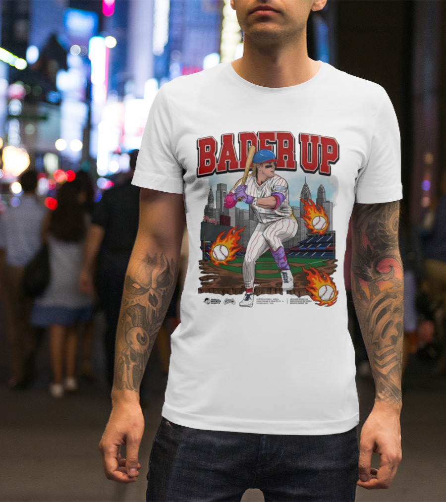 Bader Up Baseball Player Philadelphia Skyline And Flaming Baseballs T-Shirt