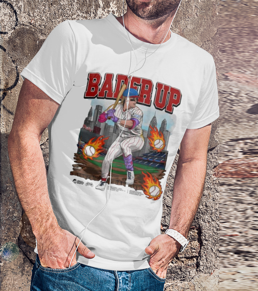 Bader Up Baseball Player Philadelphia Skyline And Flaming Baseballs T-Shirt