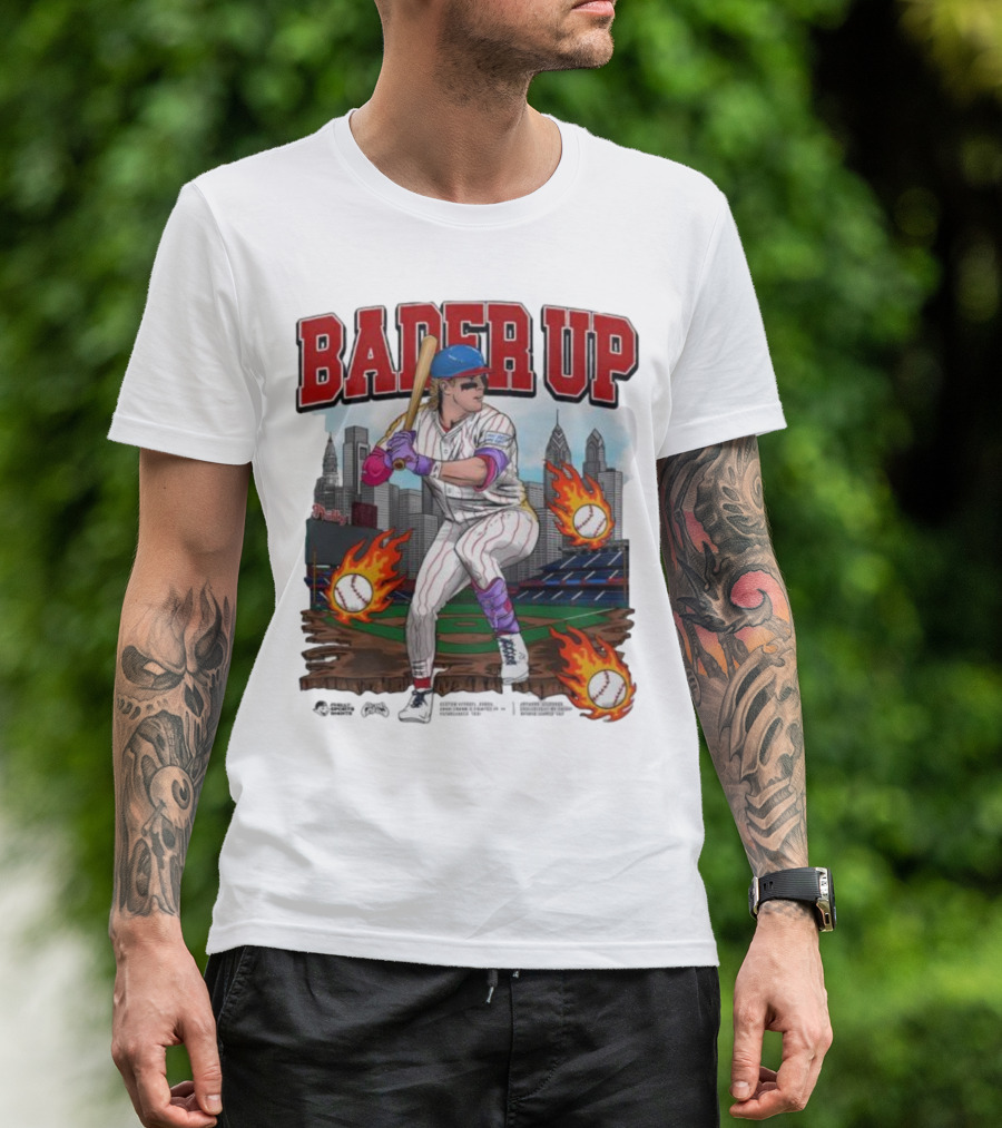 Bader Up Baseball Player Philadelphia Skyline And Flaming Baseballs T-Shirt