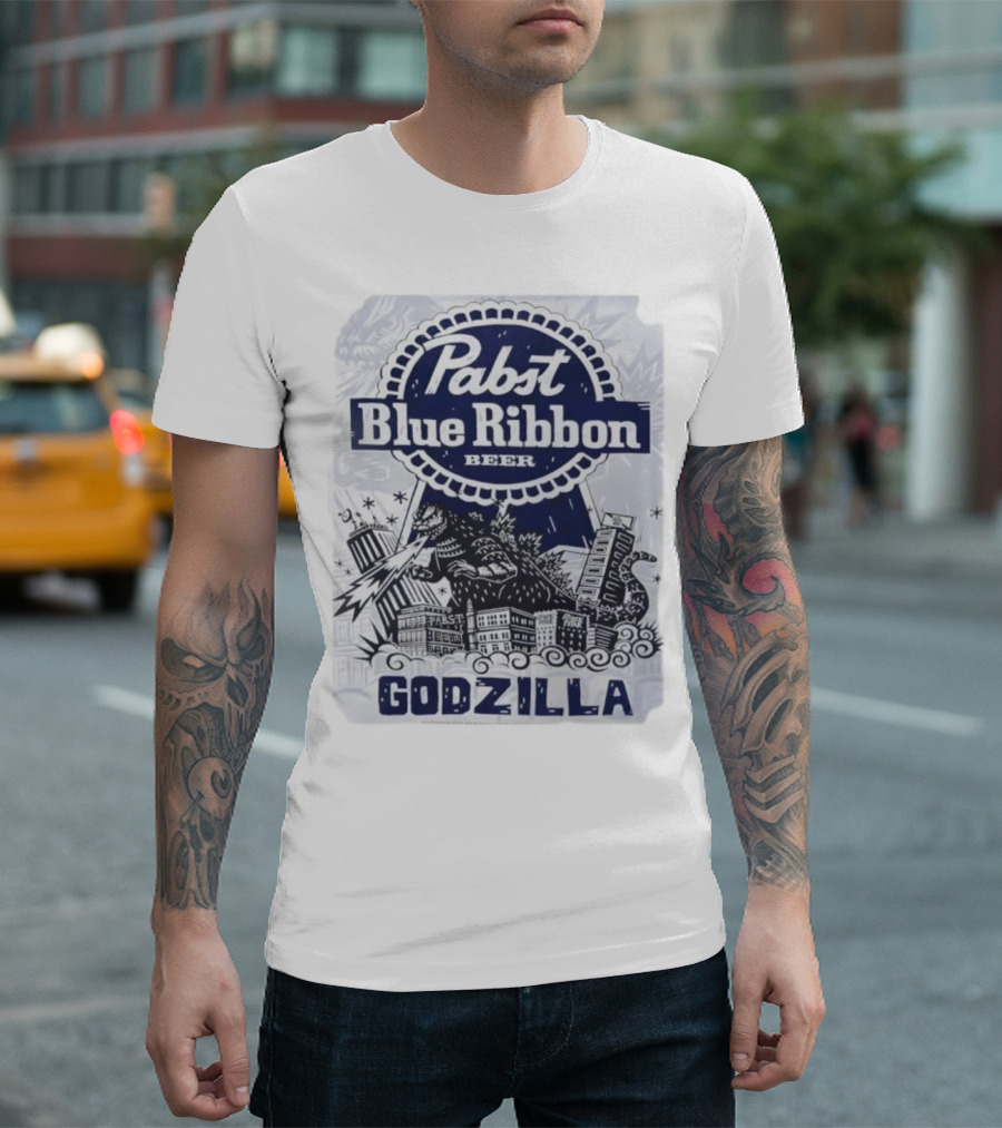 Pabst Blue Ribbon Beer Godzilla Monster Rampage Retro T-Shirt