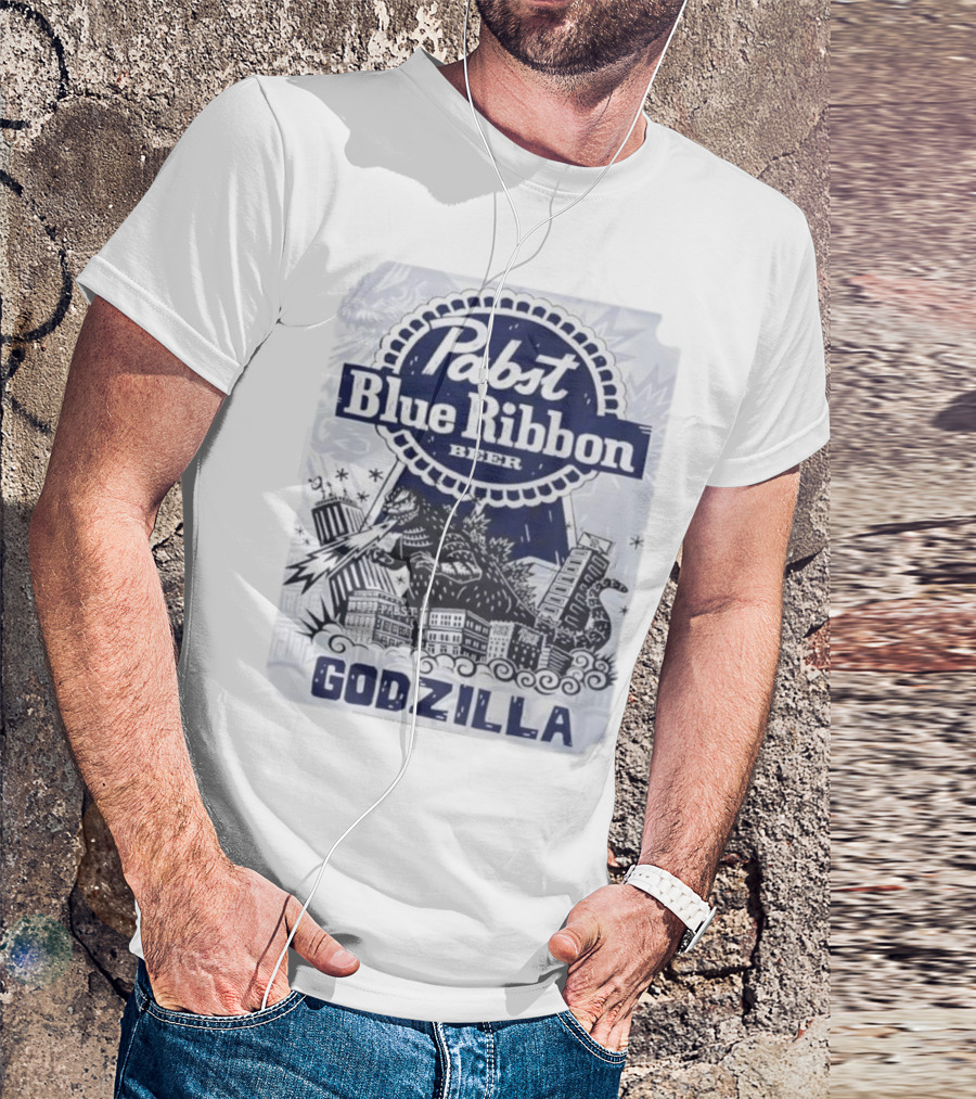 Pabst Blue Ribbon Beer Godzilla Monster Rampage Retro T-Shirt