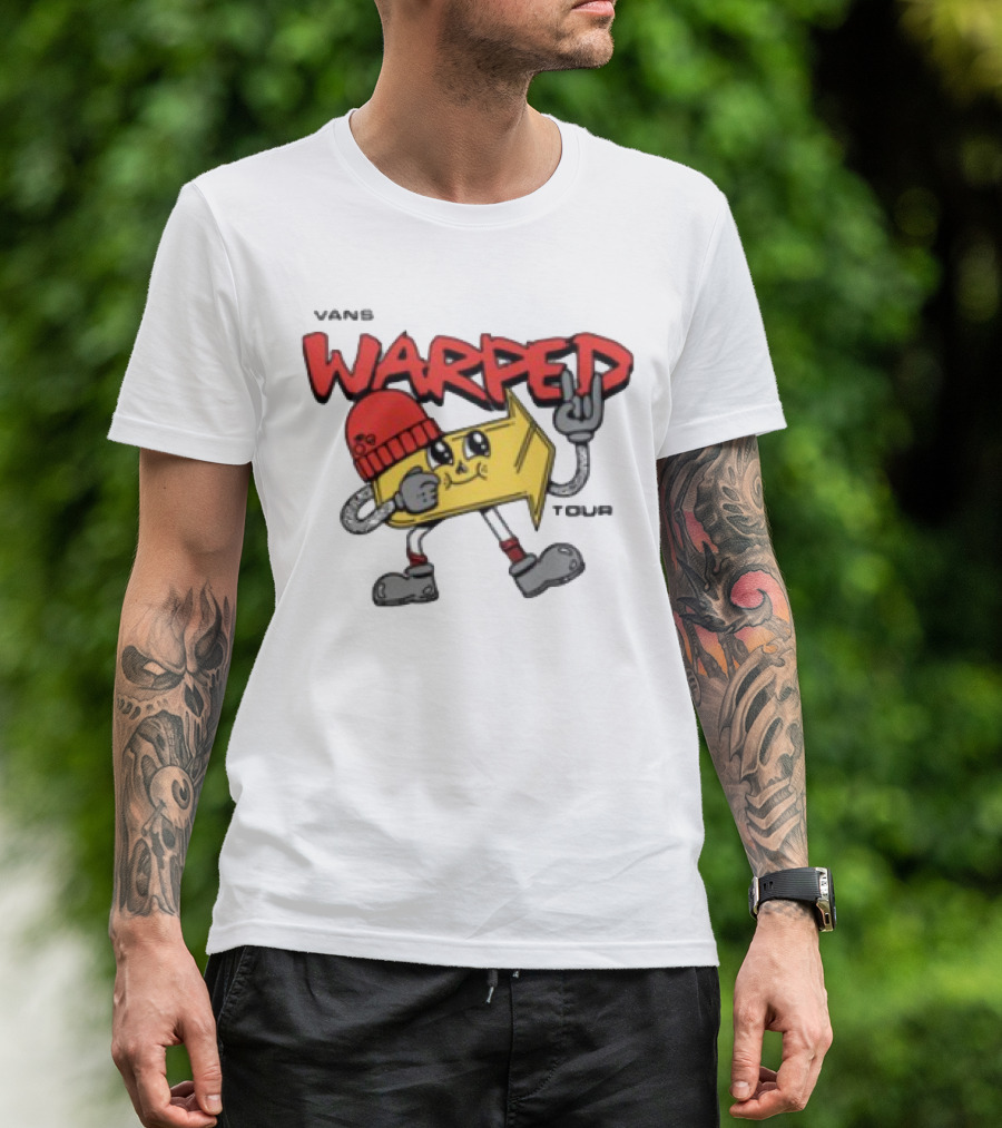 Vans Warped Tour Yellow Arrow Mascot With Red Beanie And Rock Gesture T-Shirt