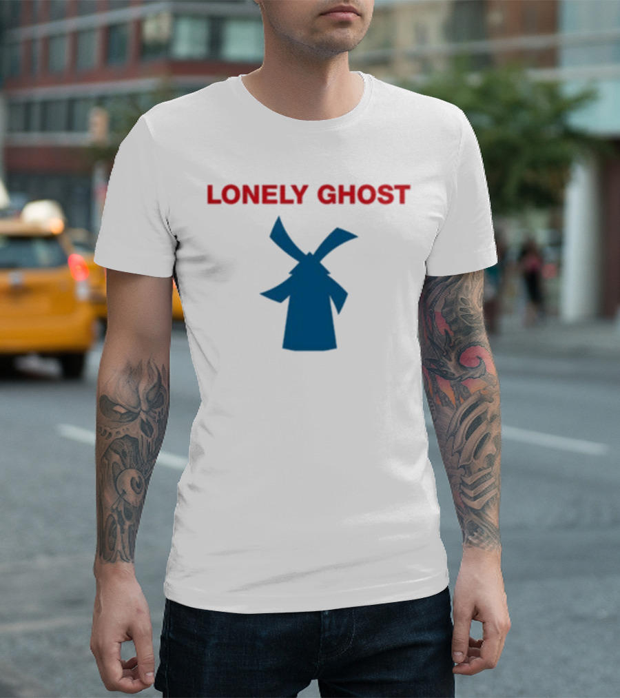 Lonely Ghost Windmill Classic Red Text Blue Silhouette T-Shirt