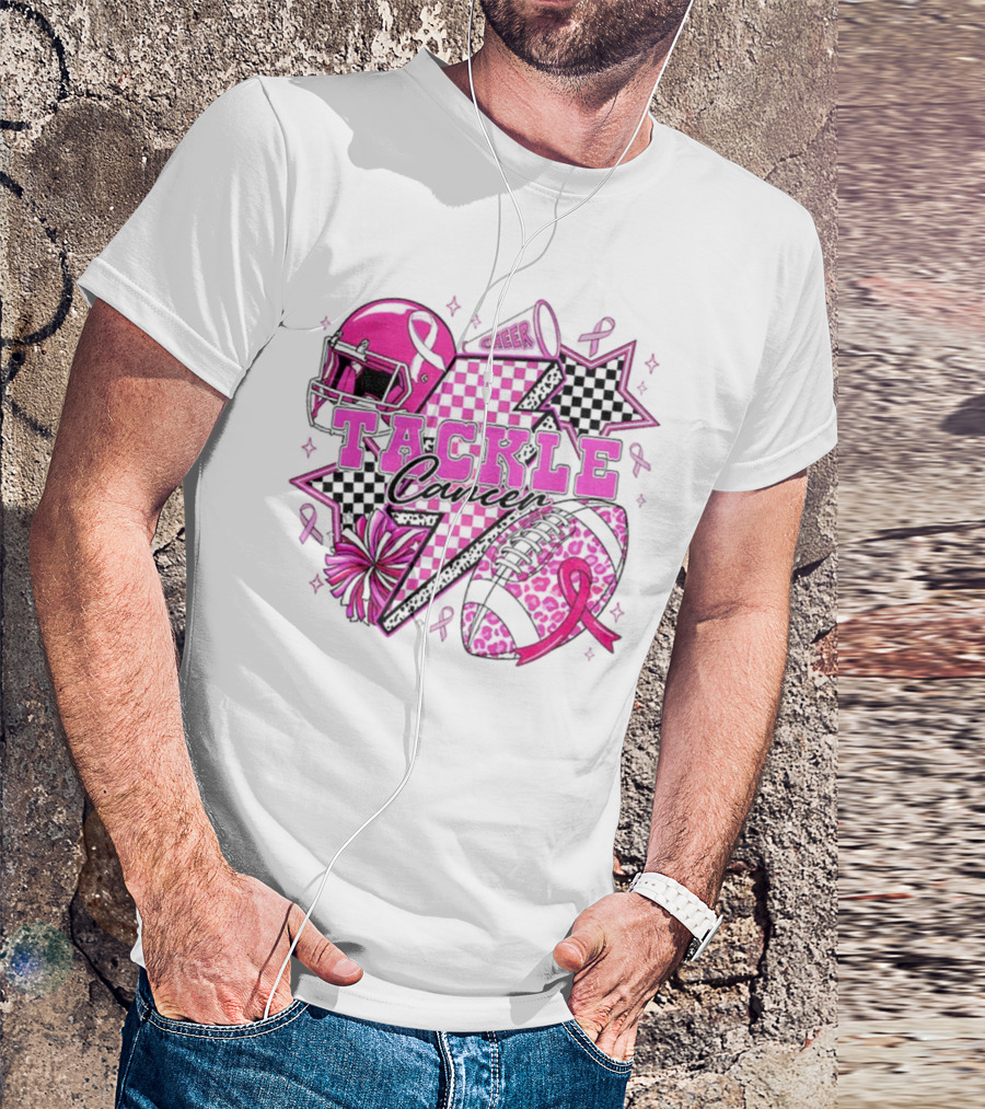 Pink Football Tackle Cancer Cheer Breast Cancer Awareness Ribbons T-Shirt