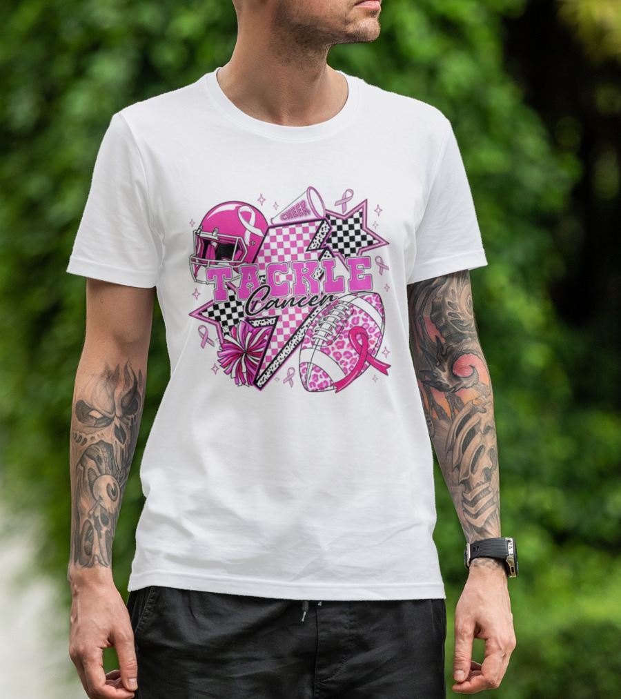 Pink Football Tackle Cancer Cheer Breast Cancer Awareness Ribbons T-Shirt