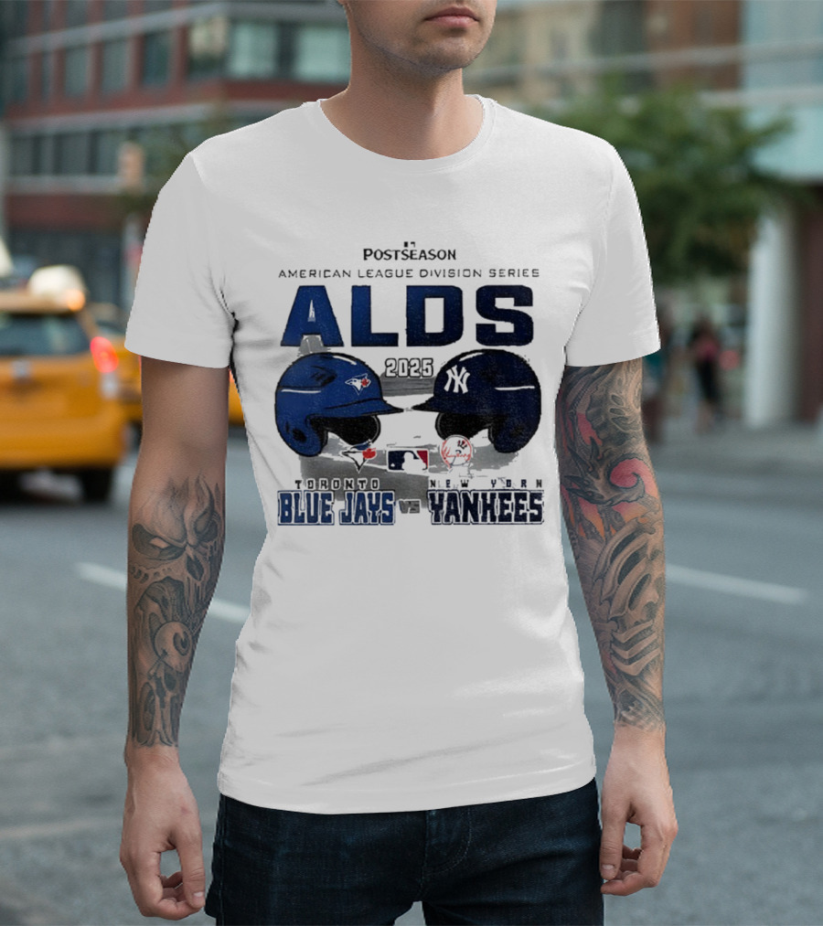 Toronto Blue Jays Vs New York Yankees 2025 ALDS MLB Postseason Helmets Bats Showdown T-Shirt