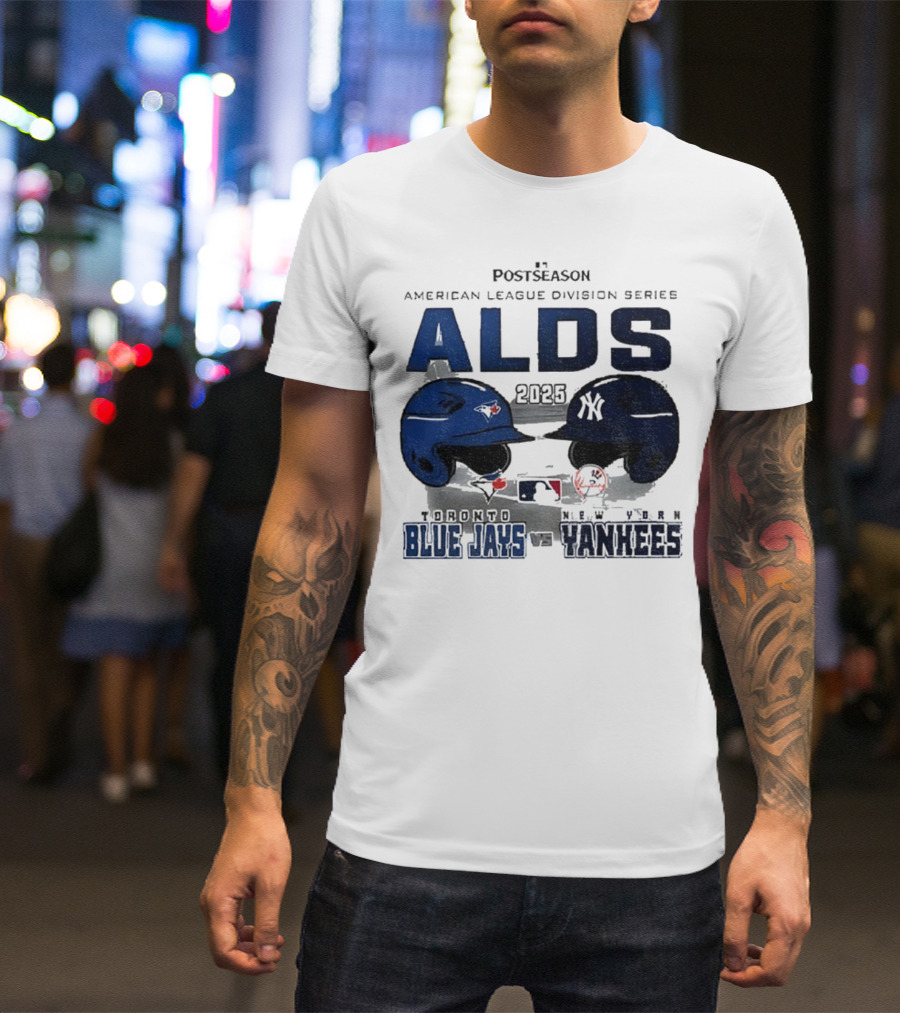 Toronto Blue Jays Vs New York Yankees 2025 ALDS MLB Postseason Helmets Bats Showdown T-Shirt