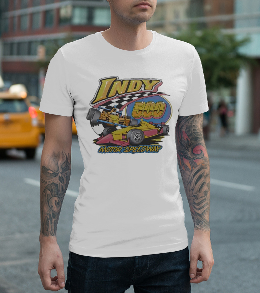 Indy 500 Motor Speedway Racing Cars Checkered Flag Oval Track T-Shirt