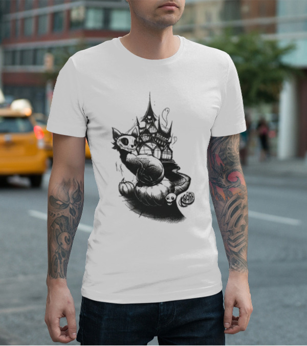 Kingpin Skelecat Haunt By Kellan Horner Ghostly Cat With Crown And Smoke T-Shirt
