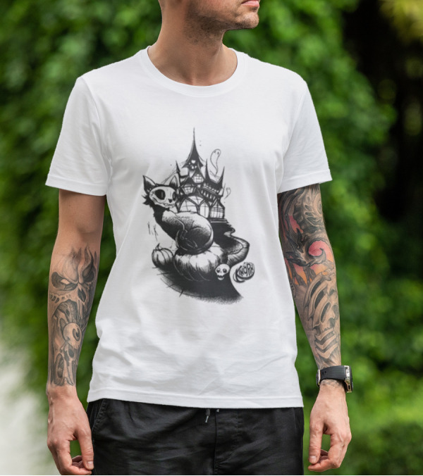 Kingpin Skelecat Haunt By Kellan Horner Ghostly Cat With Crown And Smoke T-Shirt