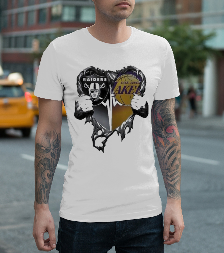 Las Vegas Raiders Los Angeles Lakers Heart Design T-Shirt