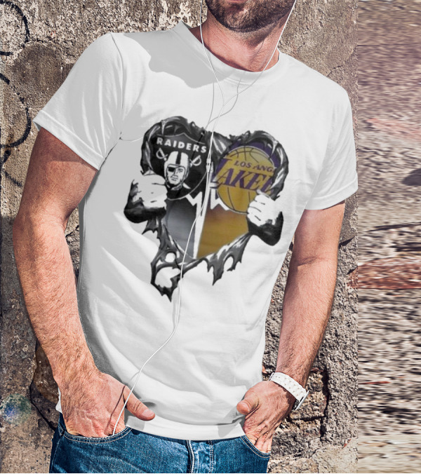 Las Vegas Raiders Los Angeles Lakers Heart Design T-Shirt