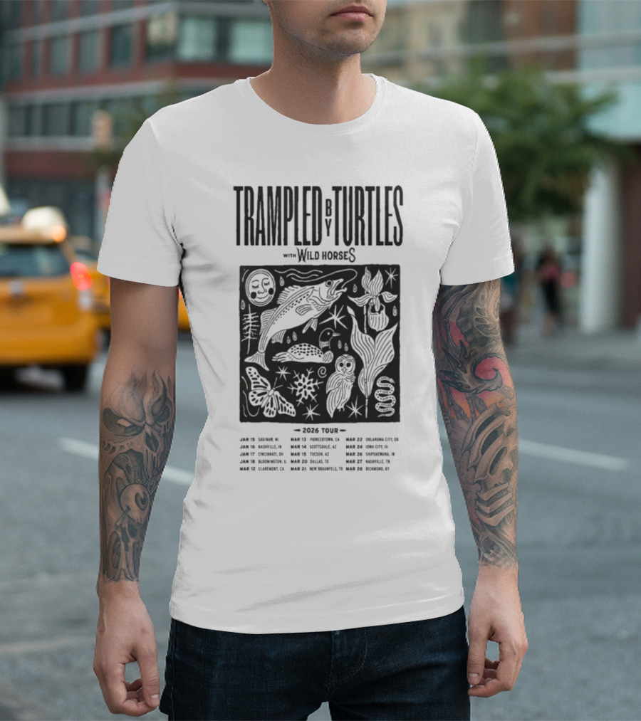 Trampled By Turtles Wild Horses 2026 Tour Dates Fish Sun Moon Flower Butterfly T-Shirt