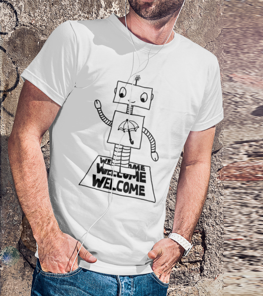 Robot Welcome Friendly Waving With Umbrella T-Shirt