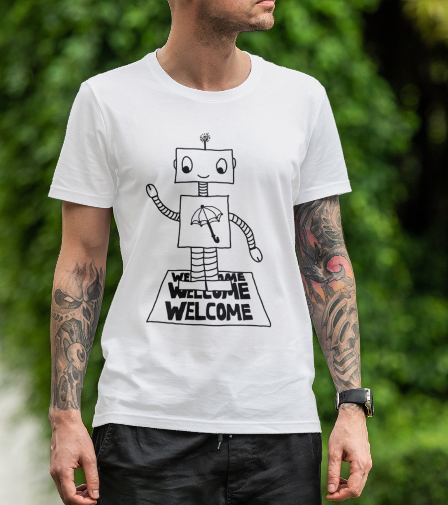 Robot Welcome Friendly Waving With Umbrella T-Shirt