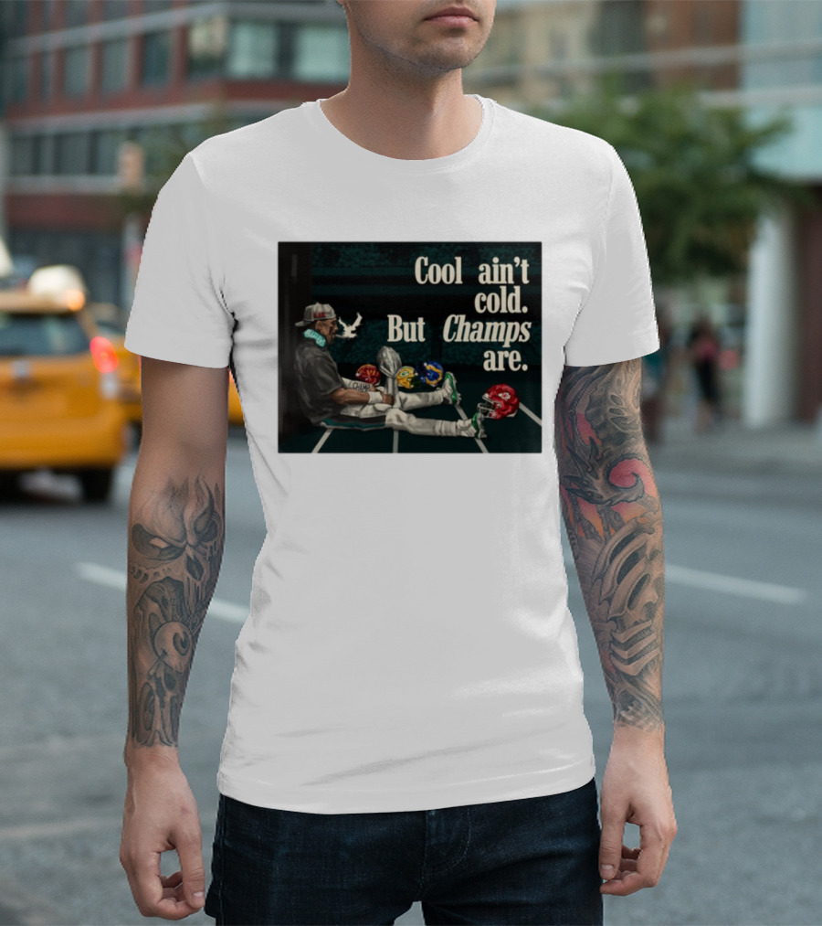 Cool Ain't Cold But Champs Are Football Helmets Trophy Stadium Scene T-Shirt