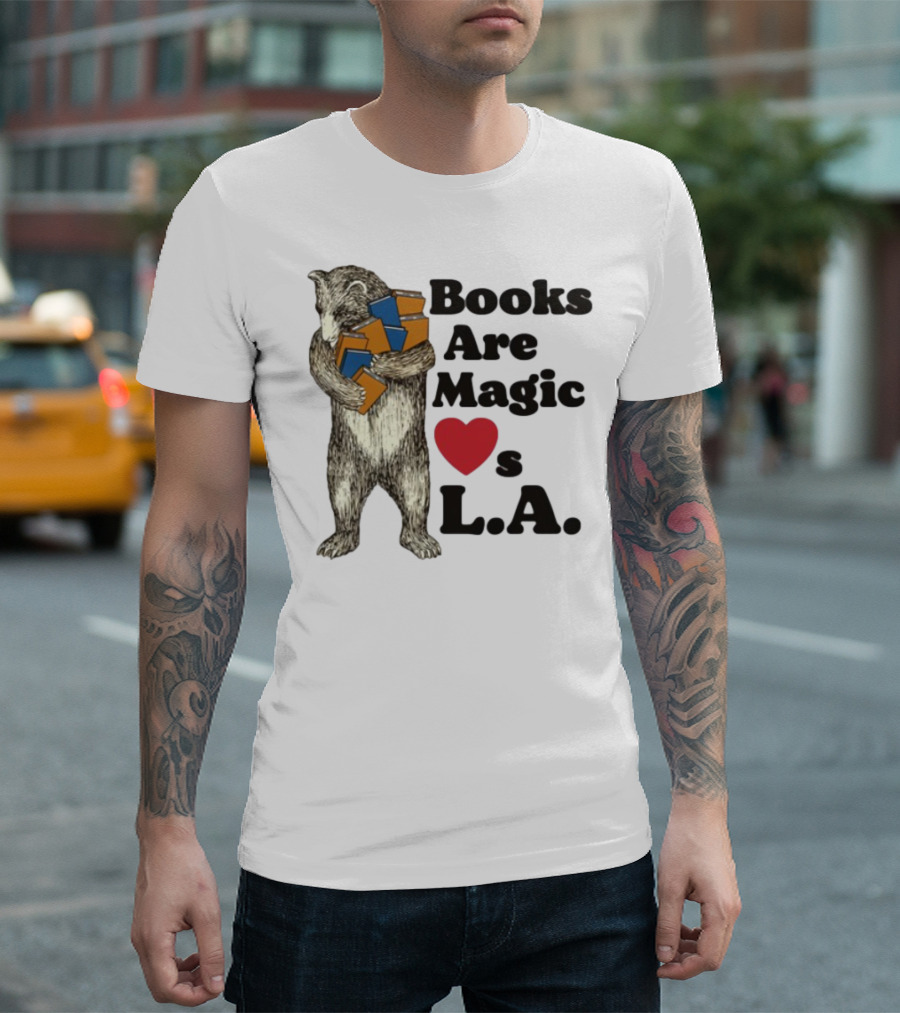 Books Are Magic Loves L.A. Bear with Books Illustration T-Shirt