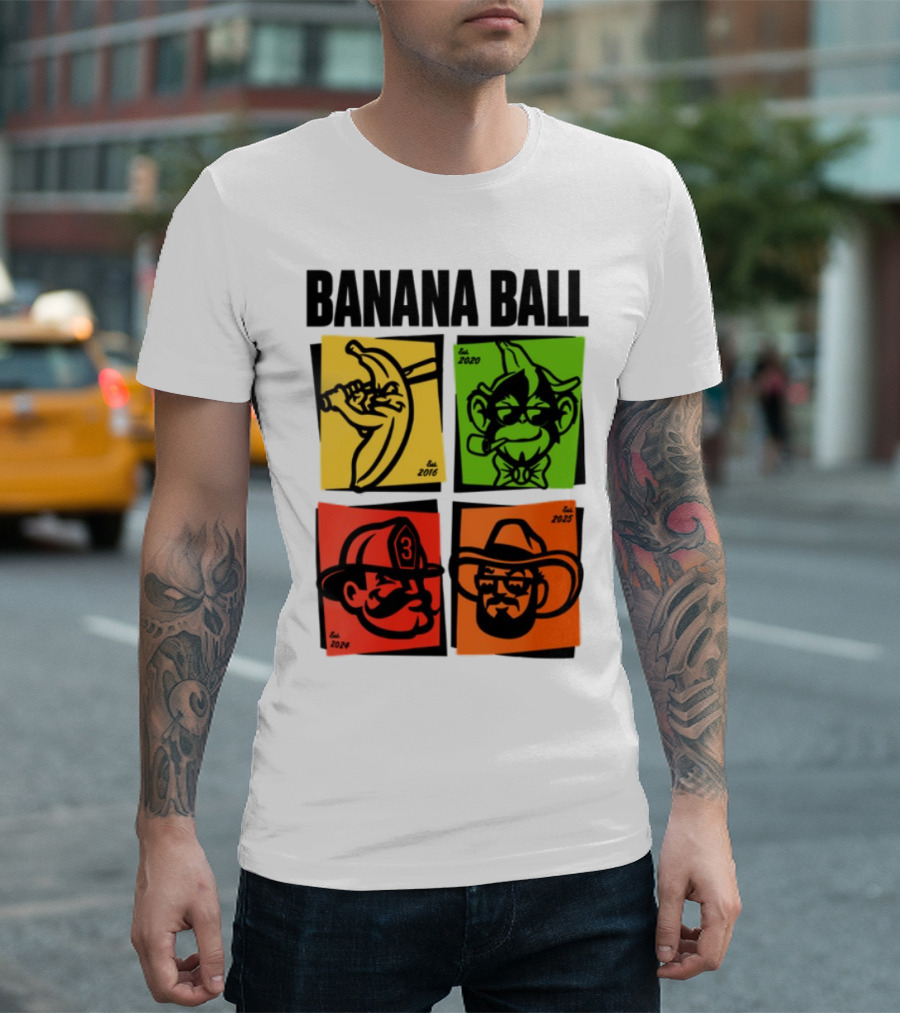 Banana Ball 2025 Cowboy Firefighter Joker Swordsman Icons Est 2016 2020 2024 2025 T-Shirt