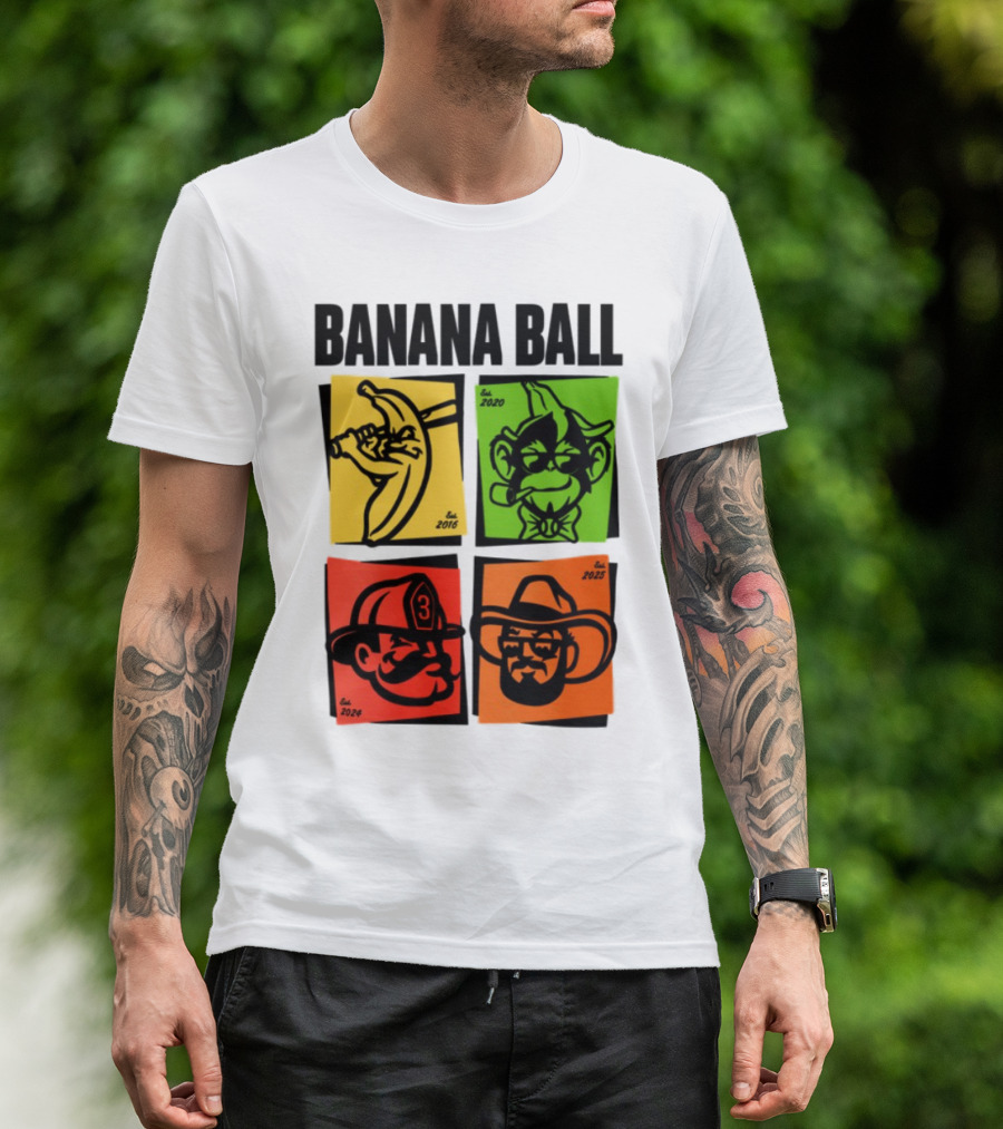 Banana Ball 2025 Cowboy Firefighter Joker Swordsman Icons Est 2016 2020 2024 2025 T-Shirt