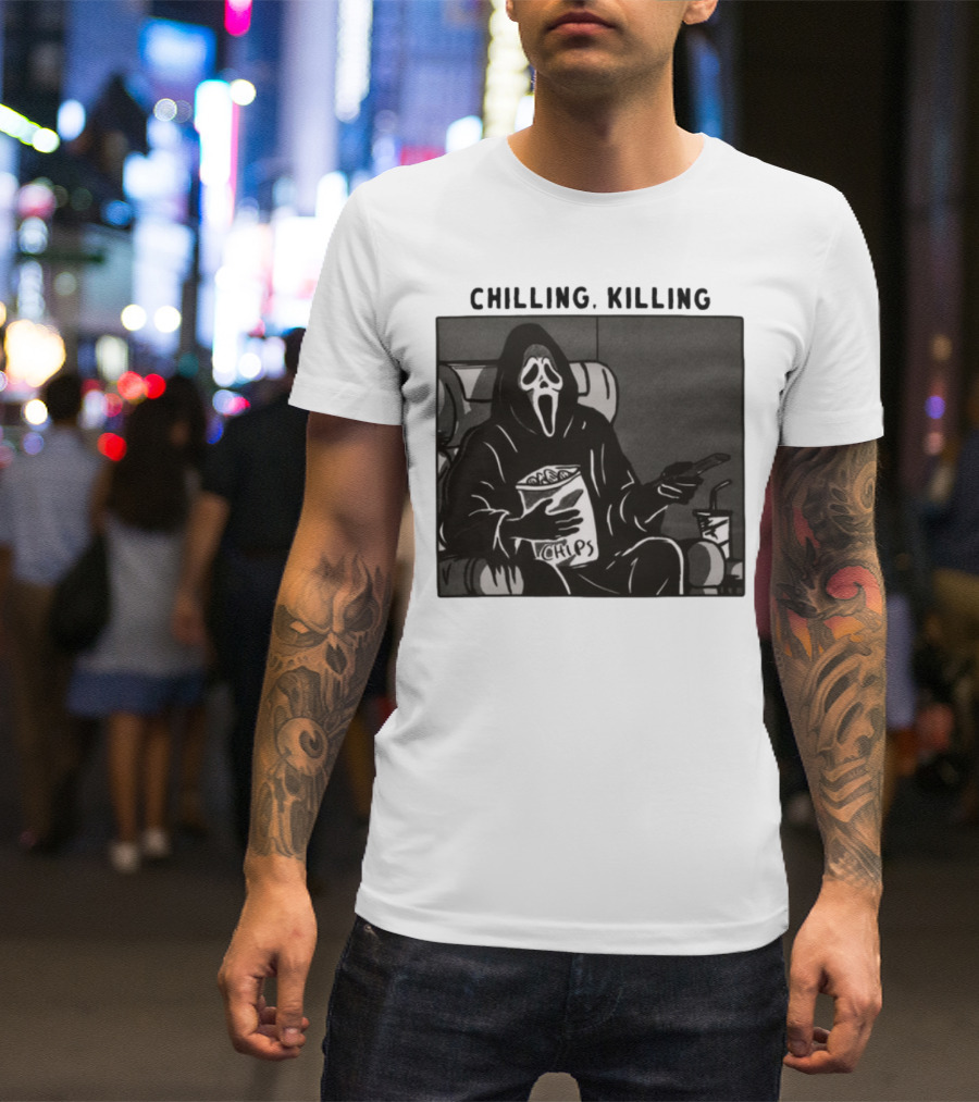 Ghost Face Chips Chilling Killing Movie Night Vibes T-Shirt