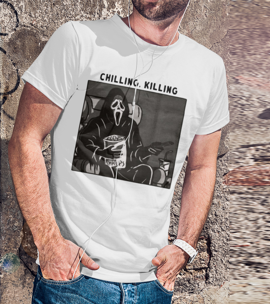 Ghost Face Chips Chilling Killing Movie Night Vibes T-Shirt