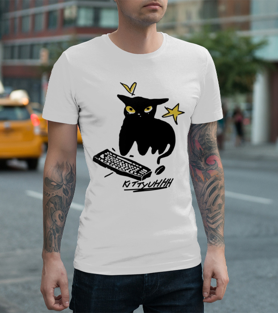 Kittyuhhh Cat at Keyboard with Yellow Eyes and Stars T-Shirt