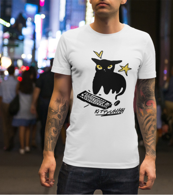 Kittyuhhh Cat At Keyboard With Yellow Eyes And Stars T-Shirt