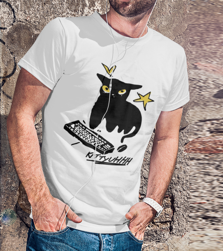 Kittyuhhh Cat At Keyboard With Yellow Eyes And Stars T-Shirt