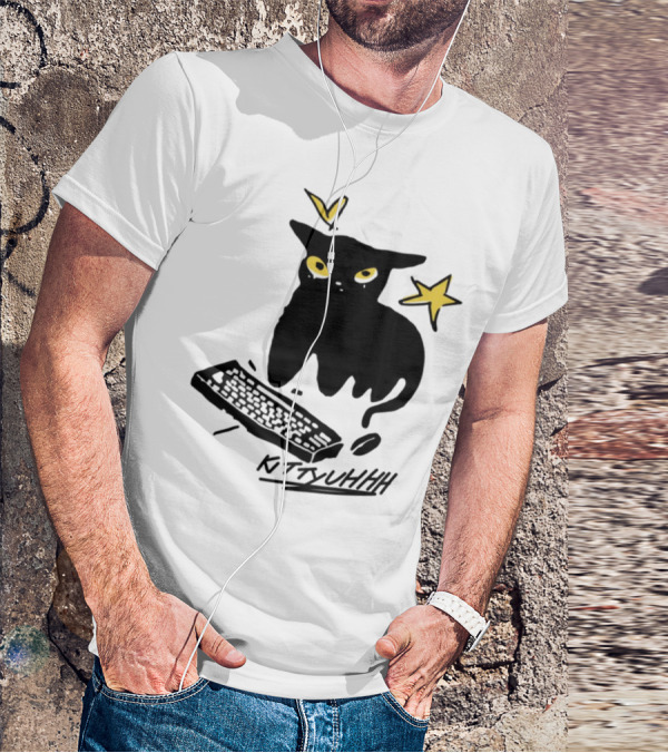 Kittyuhhh Cat At Keyboard With Yellow Eyes And Stars T-Shirt
