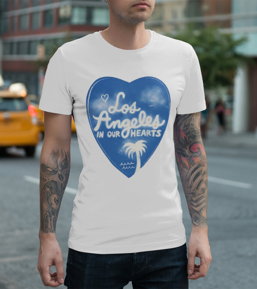 Los Angeles In Our Hearts Blue Heart With Palm Tree And Waves T-Shirt