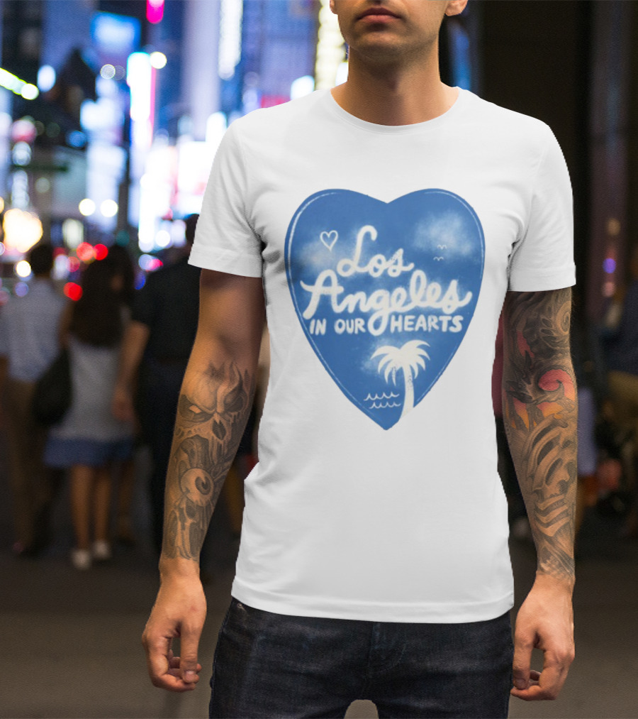 Los Angeles In Our Hearts Blue Heart With Palm Tree And Waves T-Shirt
