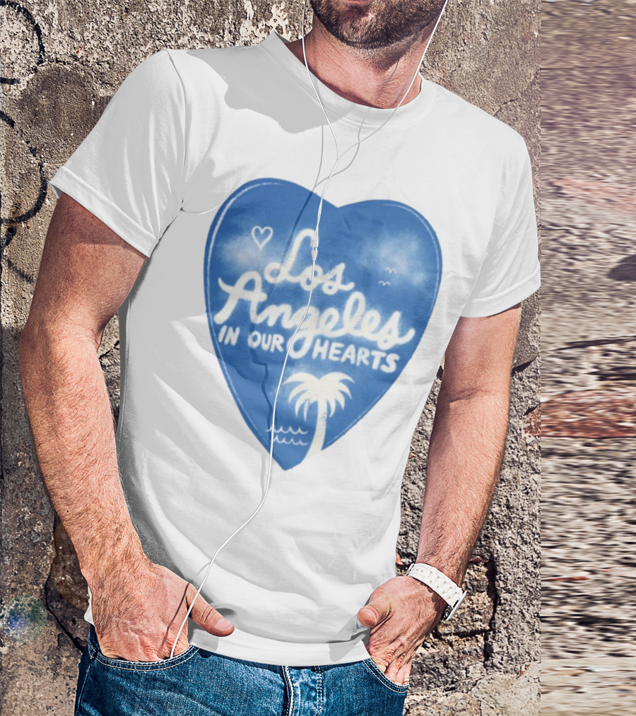 Los Angeles In Our Hearts Blue Heart With Palm Tree And Waves T-Shirt
