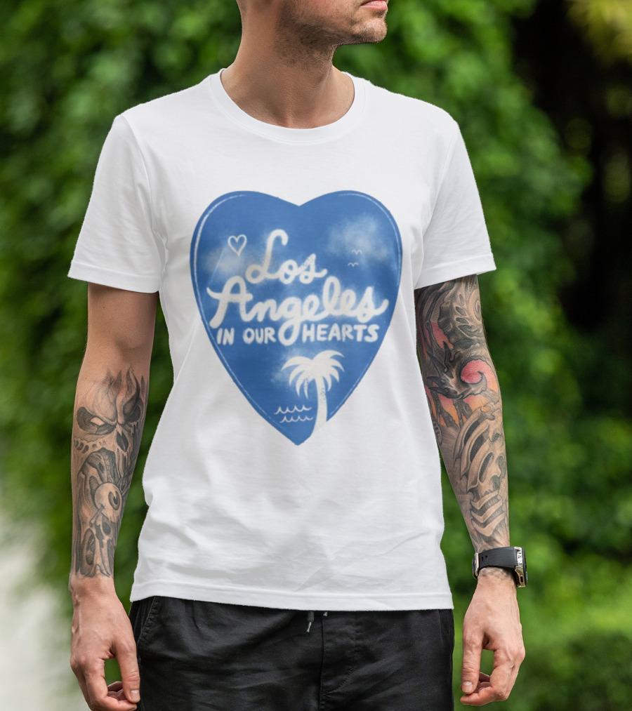 Los Angeles In Our Hearts Blue Heart With Palm Tree And Waves T-Shirt