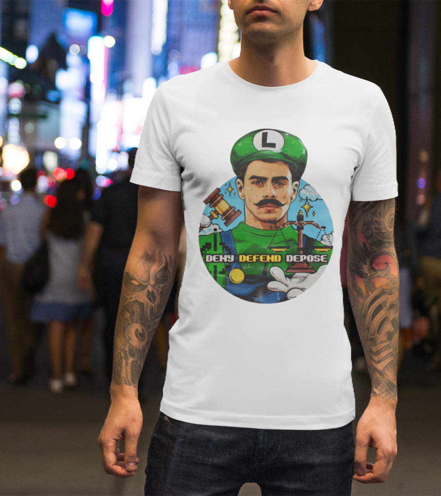 Luigi Mangione Deny Defend Depose Mario Bros Inspired Courtroom Adventure T-Shirt