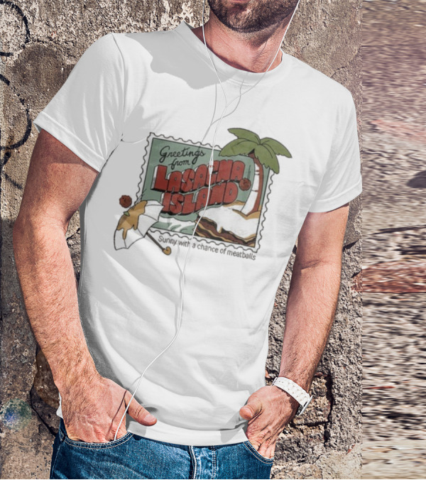 Greetings From Lasagna Island Sunny With A Chance Of Meatballs Palm Tree Umbrella Scene T-Shirt