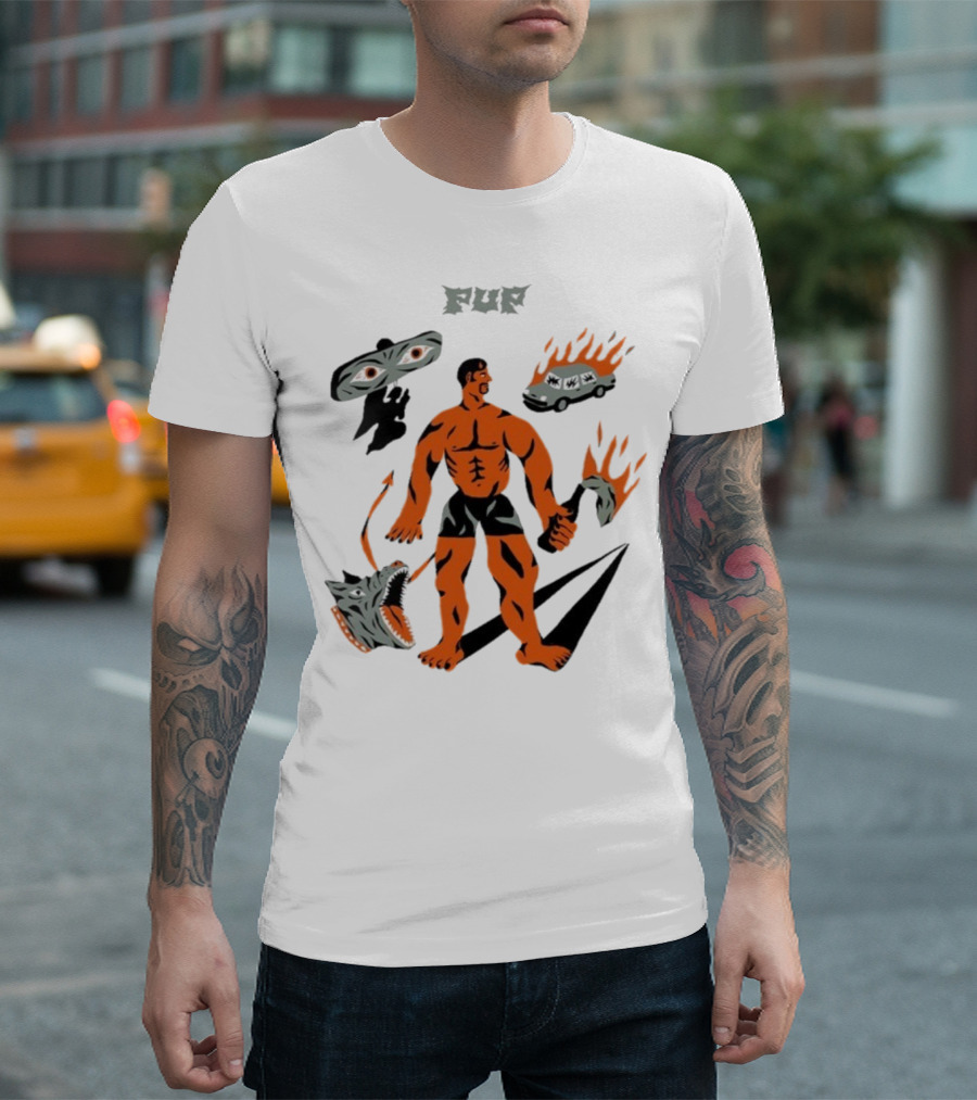 Pup Muscle Man Flaming Car And Wolf T-Shirt