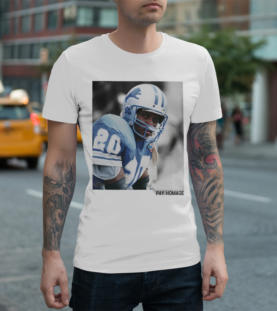 Barry Sanders Detroit Lions Number 20 Pay Homage NFL Player Memorabilia T-Shirt