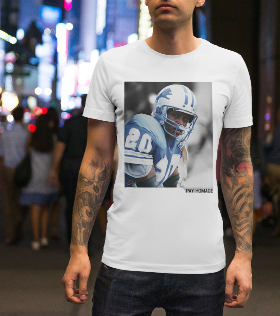 Barry Sanders Detroit Lions Number 20 Pay Homage NFL Player Memorabilia T-Shirt