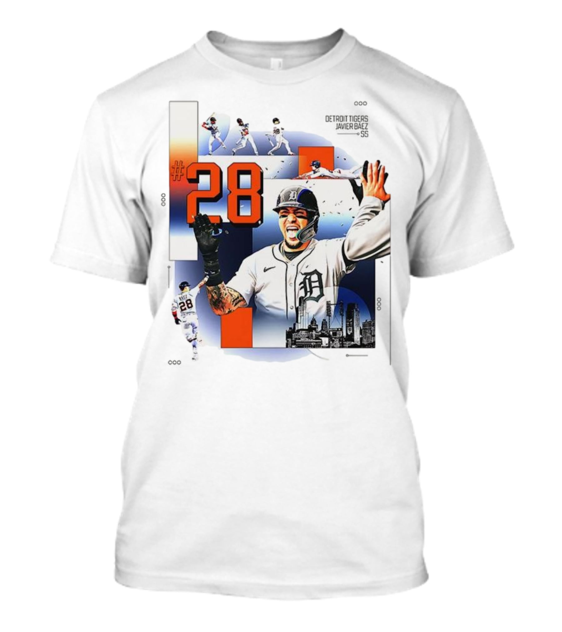 Javier Báez Detroit Tigers Number 28 Baseball Action High Five Urban Skyline T-Shirt