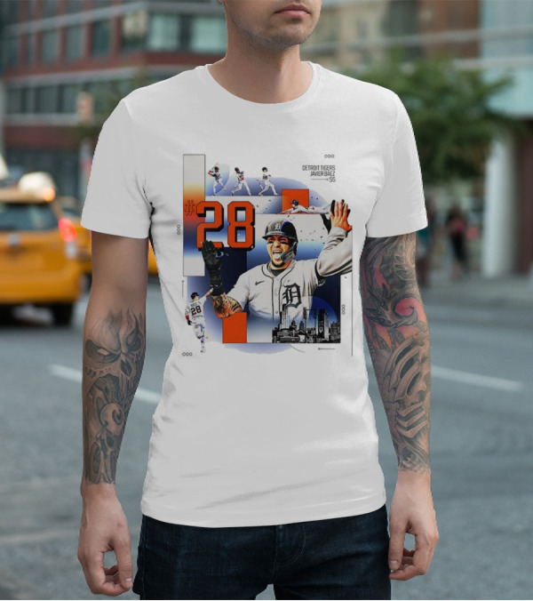 Javier Báez Detroit Tigers Number 28 Baseball Action High Five Urban Skyline T-Shirt