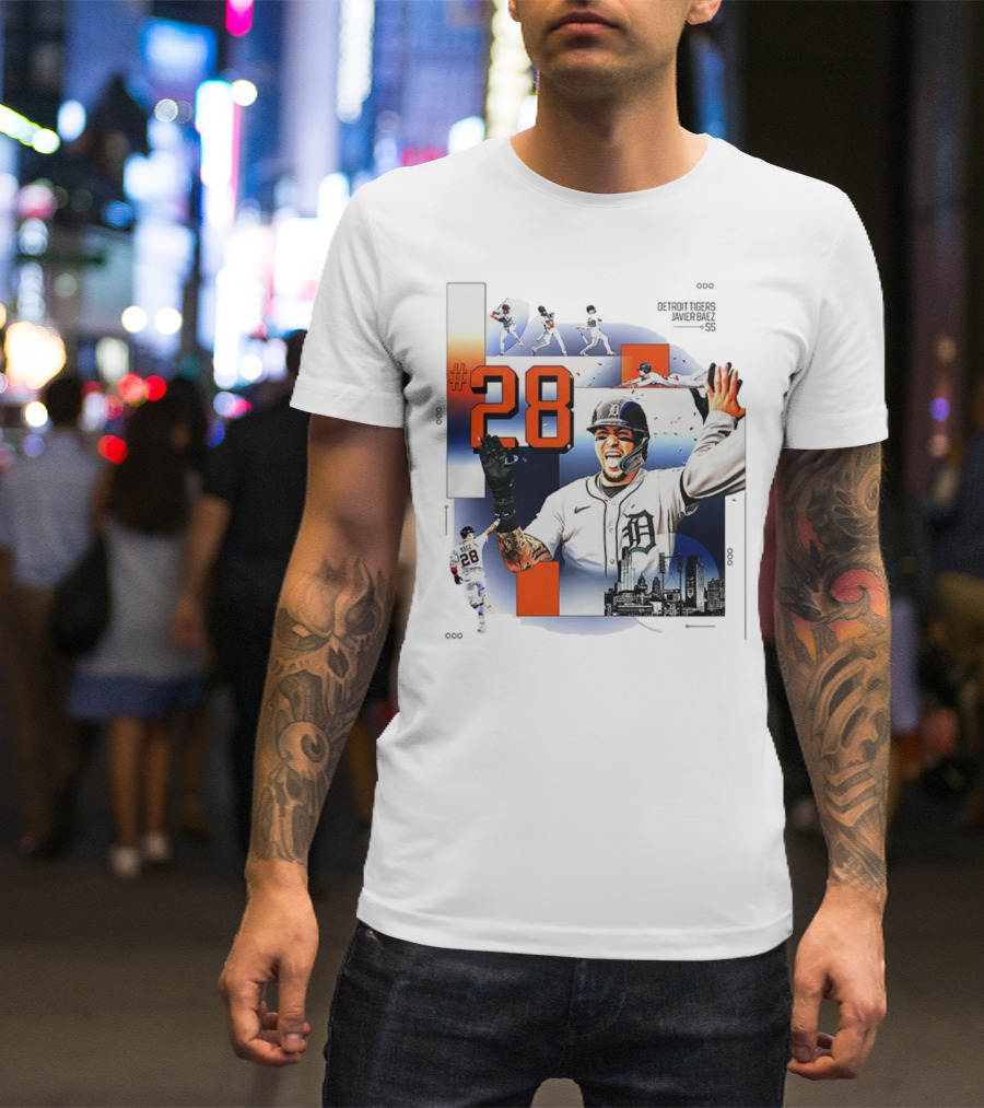Javier Báez Detroit Tigers Number 28 Baseball Action High Five Urban Skyline T-Shirt