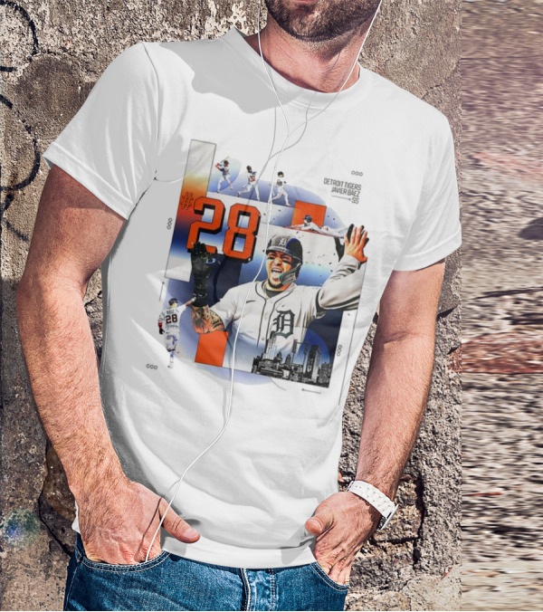 Javier Báez Detroit Tigers Number 28 Baseball Action High Five Urban Skyline T-Shirt