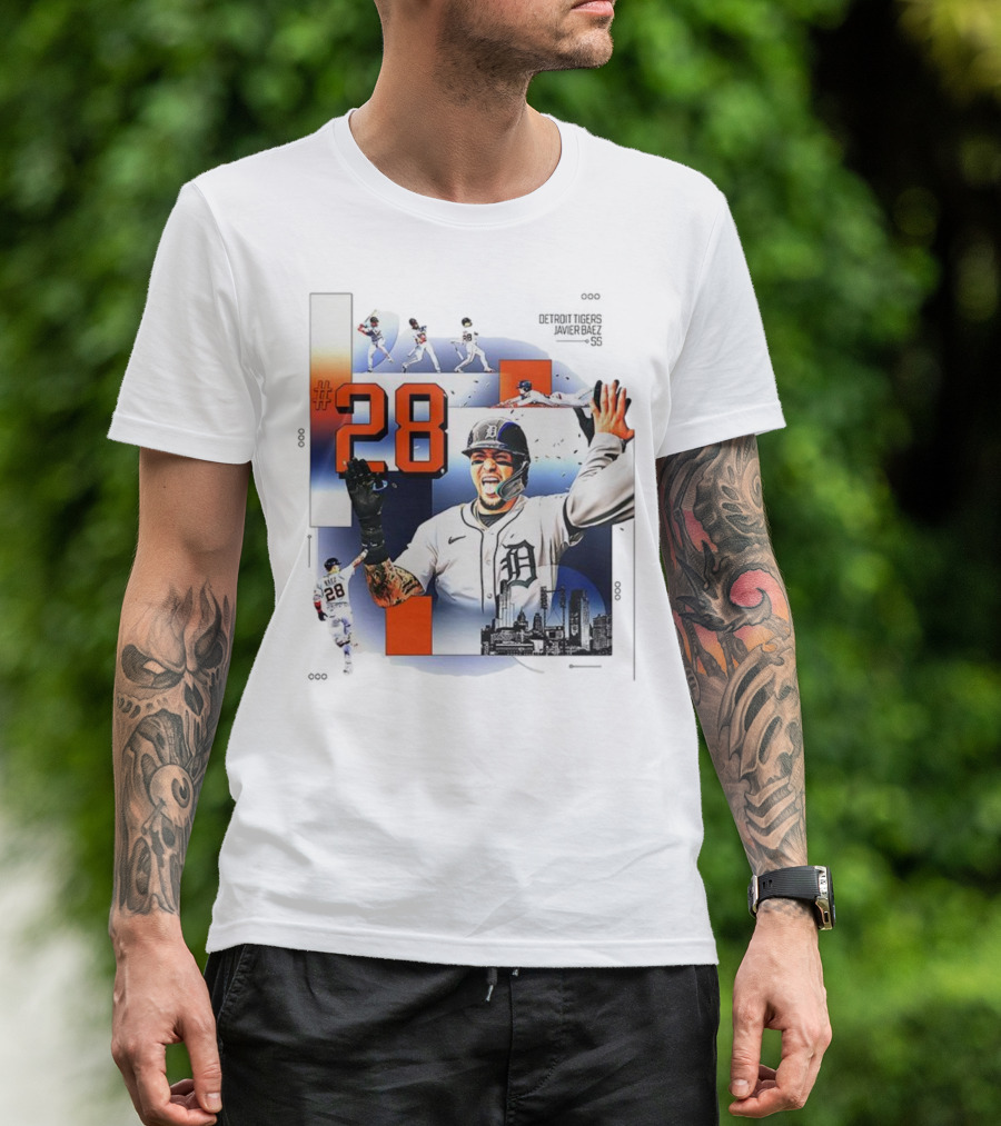 Javier Báez Detroit Tigers Number 28 Baseball Action High Five Urban Skyline T-Shirt