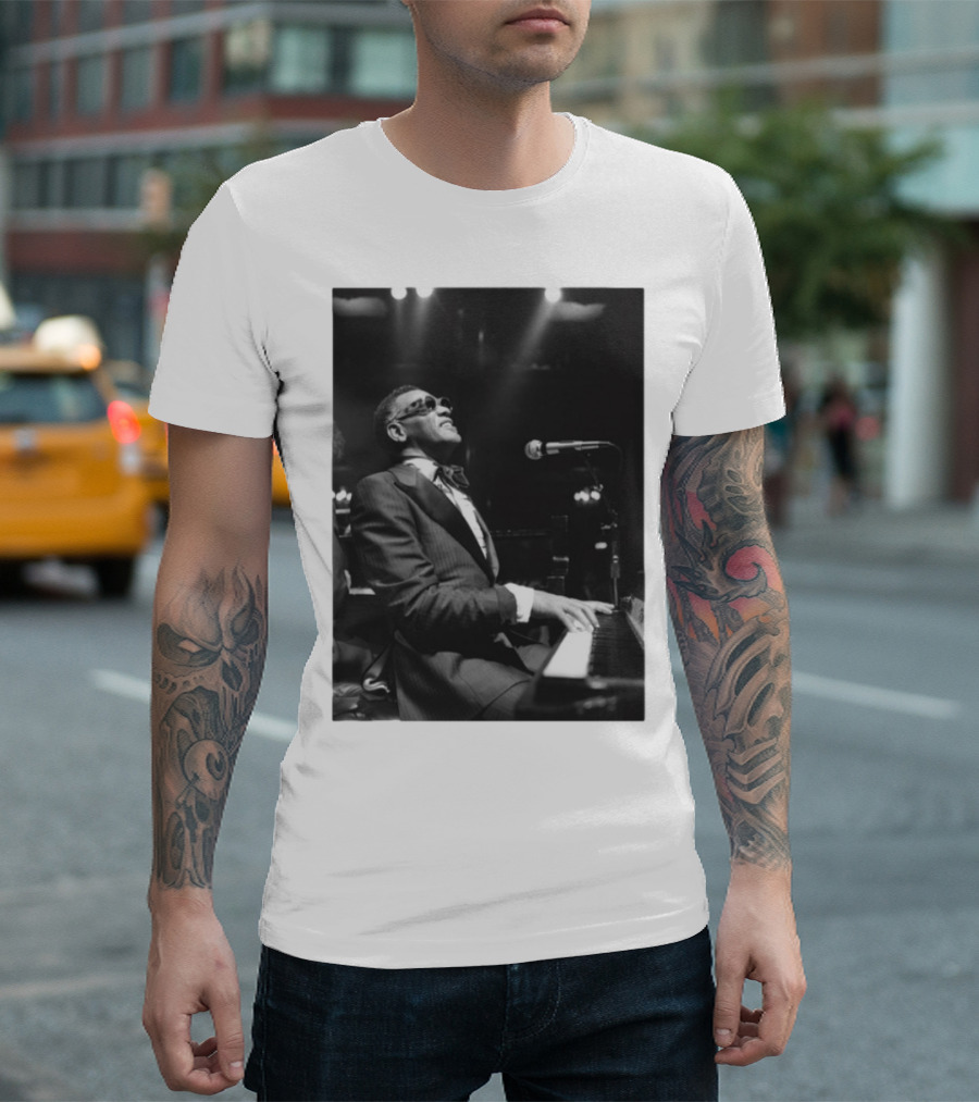 Ray Charles Live on Stage at the Piano in Black and White T-Shirt