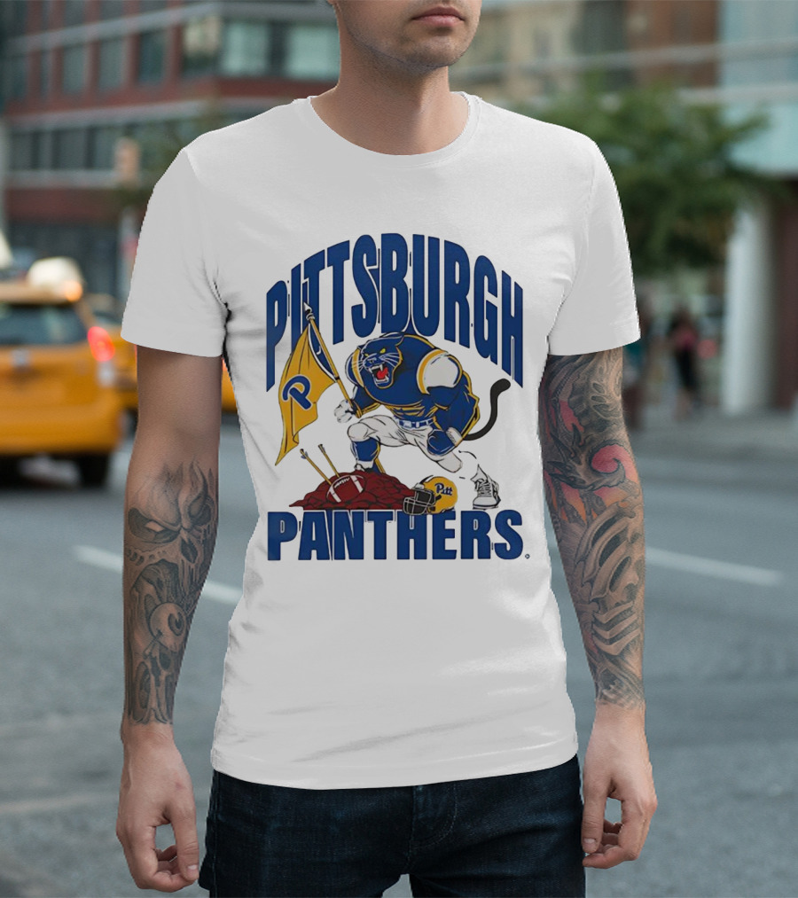Pittsburgh Panthers Pitt Mascot Planting Flag Football Helmet T-Shirt