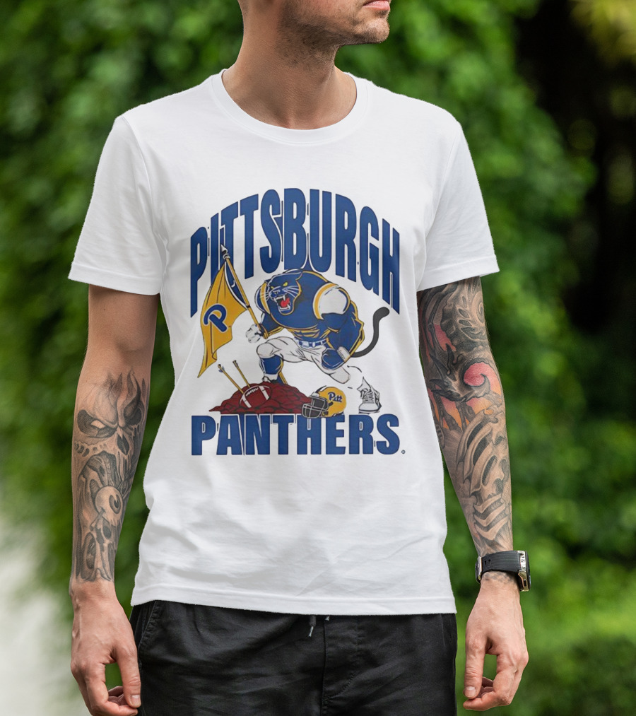 Pittsburgh Panthers Pitt Mascot Planting Flag Football Helmet T-Shirt