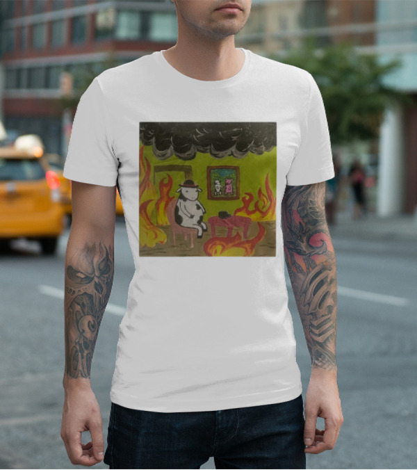 This Is Fine Cow Meme Fire Scene Surreal Humor T-Shirt
