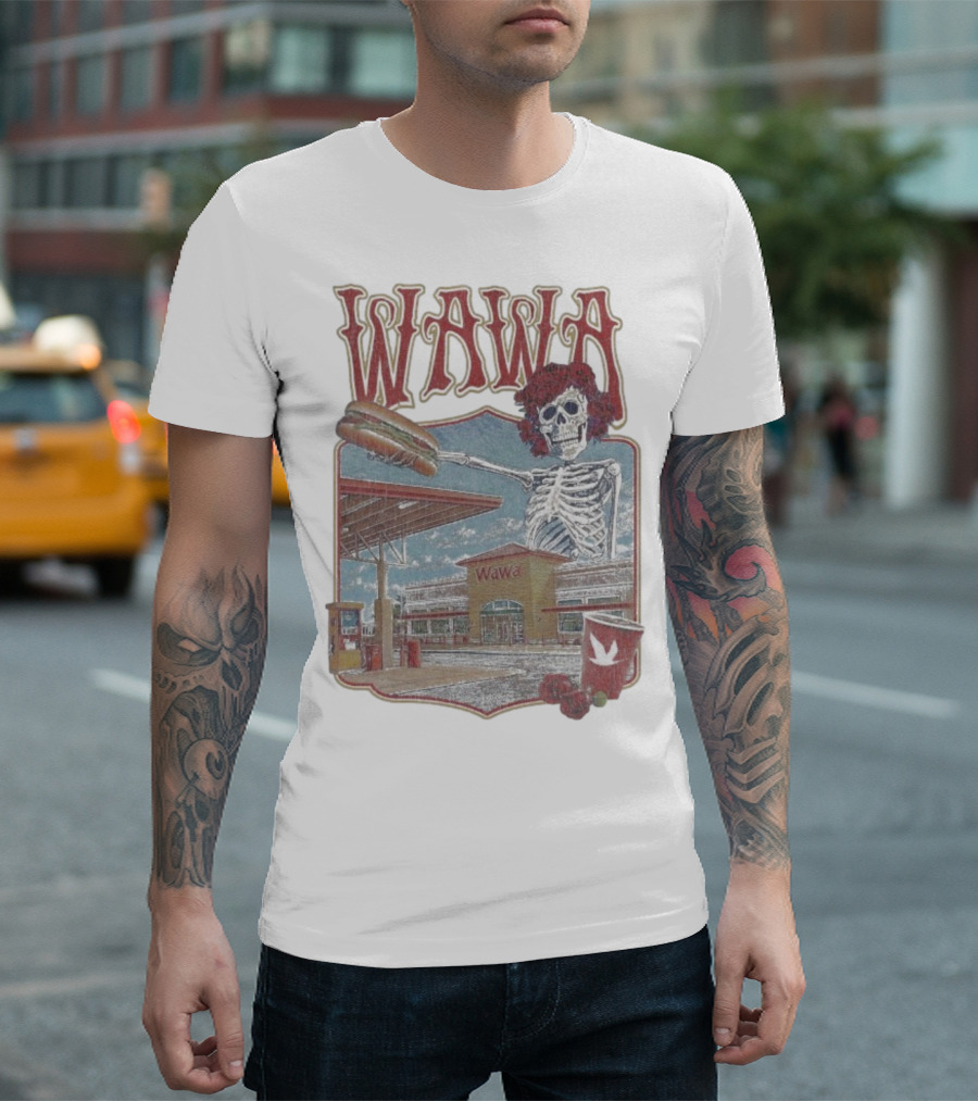 Wawa Grateful Dead Skeleton Holding Hoagie At Gas Station Scene T-Shirt