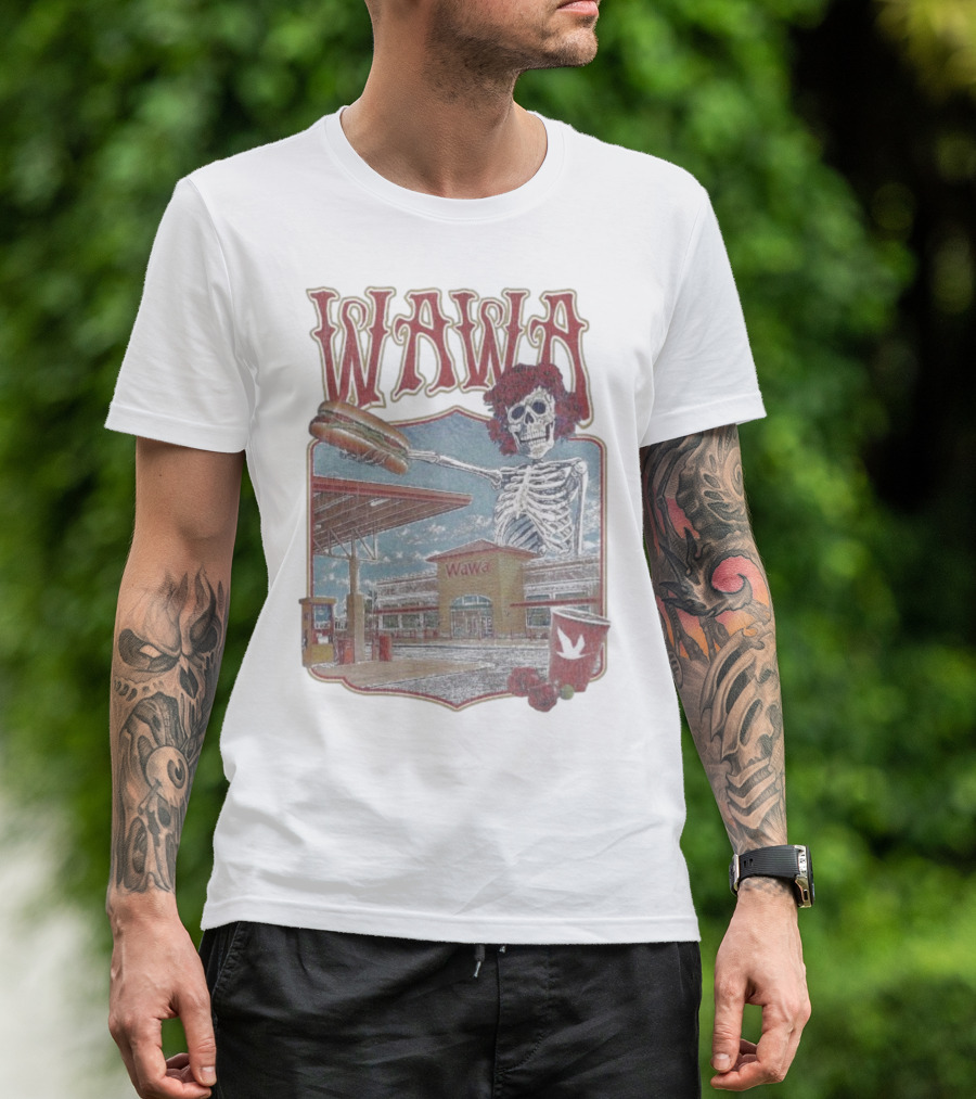 Wawa Grateful Dead Skeleton Holding Hoagie At Gas Station Scene T-Shirt