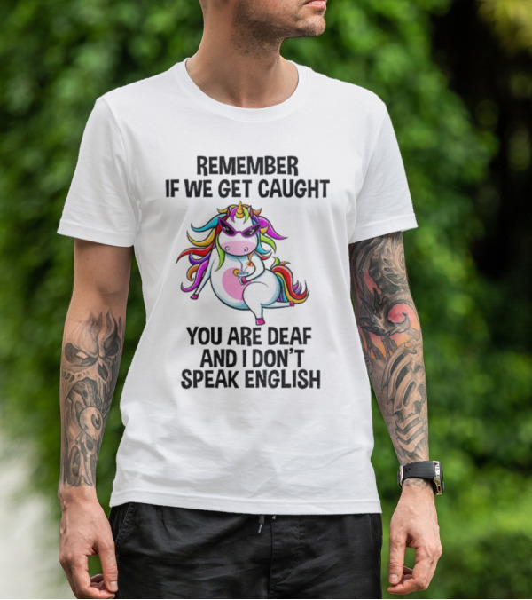 Unicorn Remember If We Get Caught You Are Deaf And I Don’t Speak English Rainbow Sunglasses T-Shirt